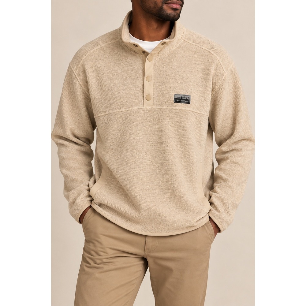 L 186 Eddie Bauer Men's Snap Pullover Sweater Oatmeal Textured Outdoor Fleece